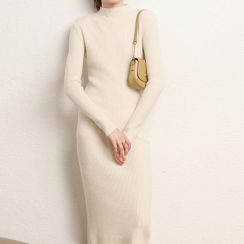 Ladies Simple Long Midi Cashmere Knitted Sweater Dress