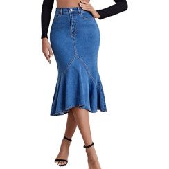 Womens Fishtail Medium Cross Skirt High Waist Trendy Ruffle Hem Denim Skirt