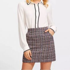 Autumn Winter Elegant Multicolor High Waist Plaid Tweed Mini Skirt